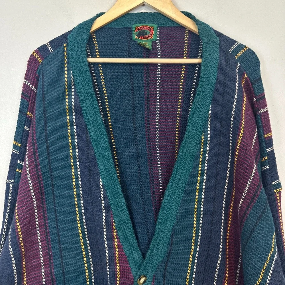 Vintage Boston Traders Blue Grandpa Cardigan Sweater L Striped Tight Knit Men 4X